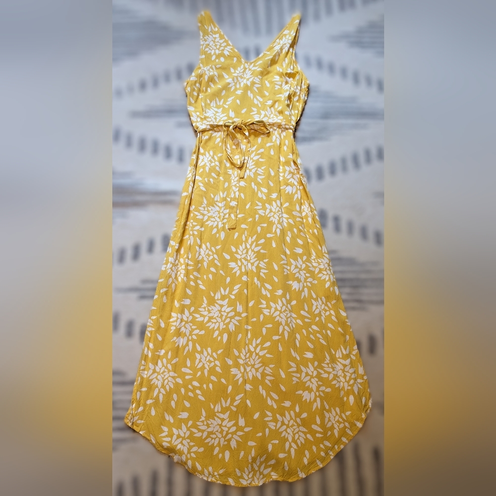 Yellow Flower Print Tank Dress with Tie - Size Large